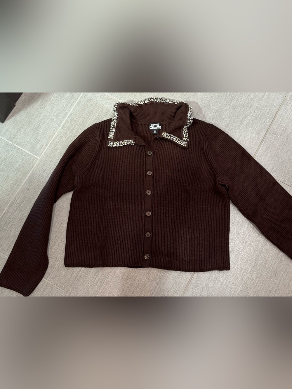Embellished Collar Brown Ribbed Button-Front Cardigan
